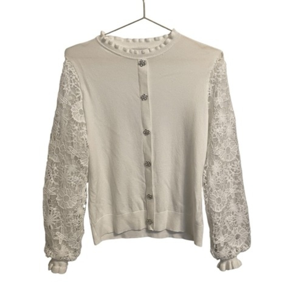 Siani Milano White Lace Sleeve Cardigan Rhinestone Flower Button Ruffle Neck M